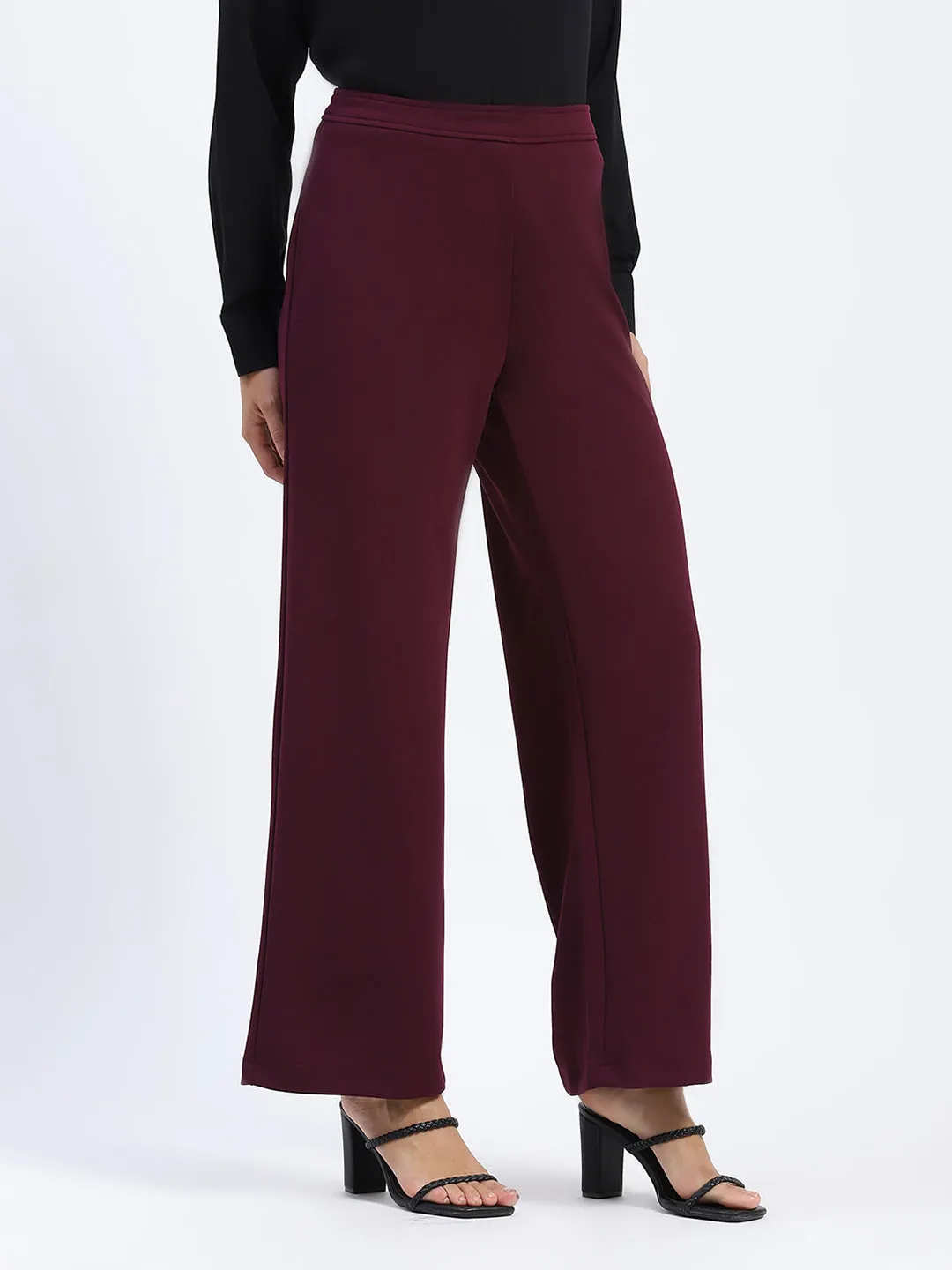 Madame Wide Legged Solid Plum Trousers LowProfileStitching Double Layered Hem