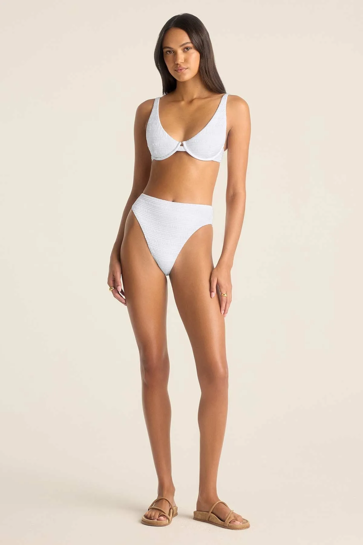 Double Layer Lining Removable Padding Barcelona High Waist Bottom - White Seersucker Stripe