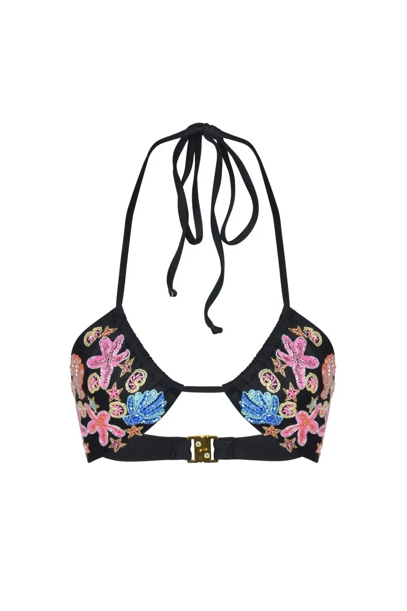 Breathable Mesh Panels Marissa Hand Embroidered Luxe Bikini Top- Black