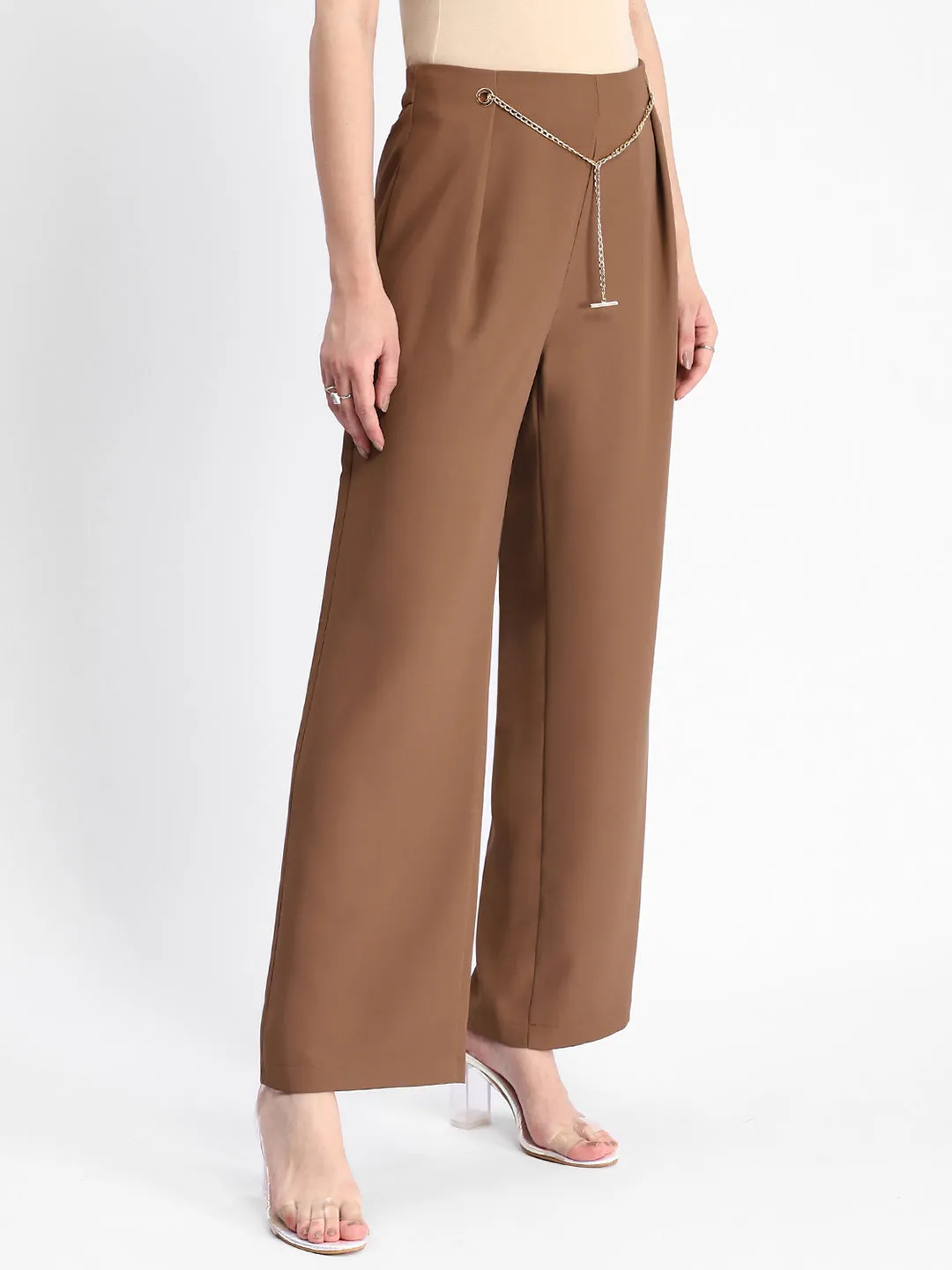 Madame Metal Accessorized Chain Warm Tan Straight Fit Trouser SoftLining Office Friendly