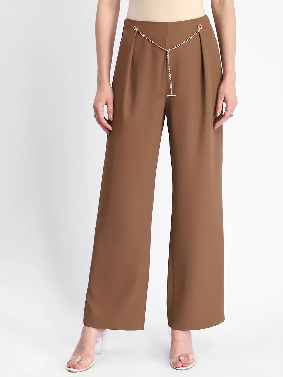 Organic Cotton Blend Madame Metal Accessorized Chain Warm Tan Straight Fit Trouser