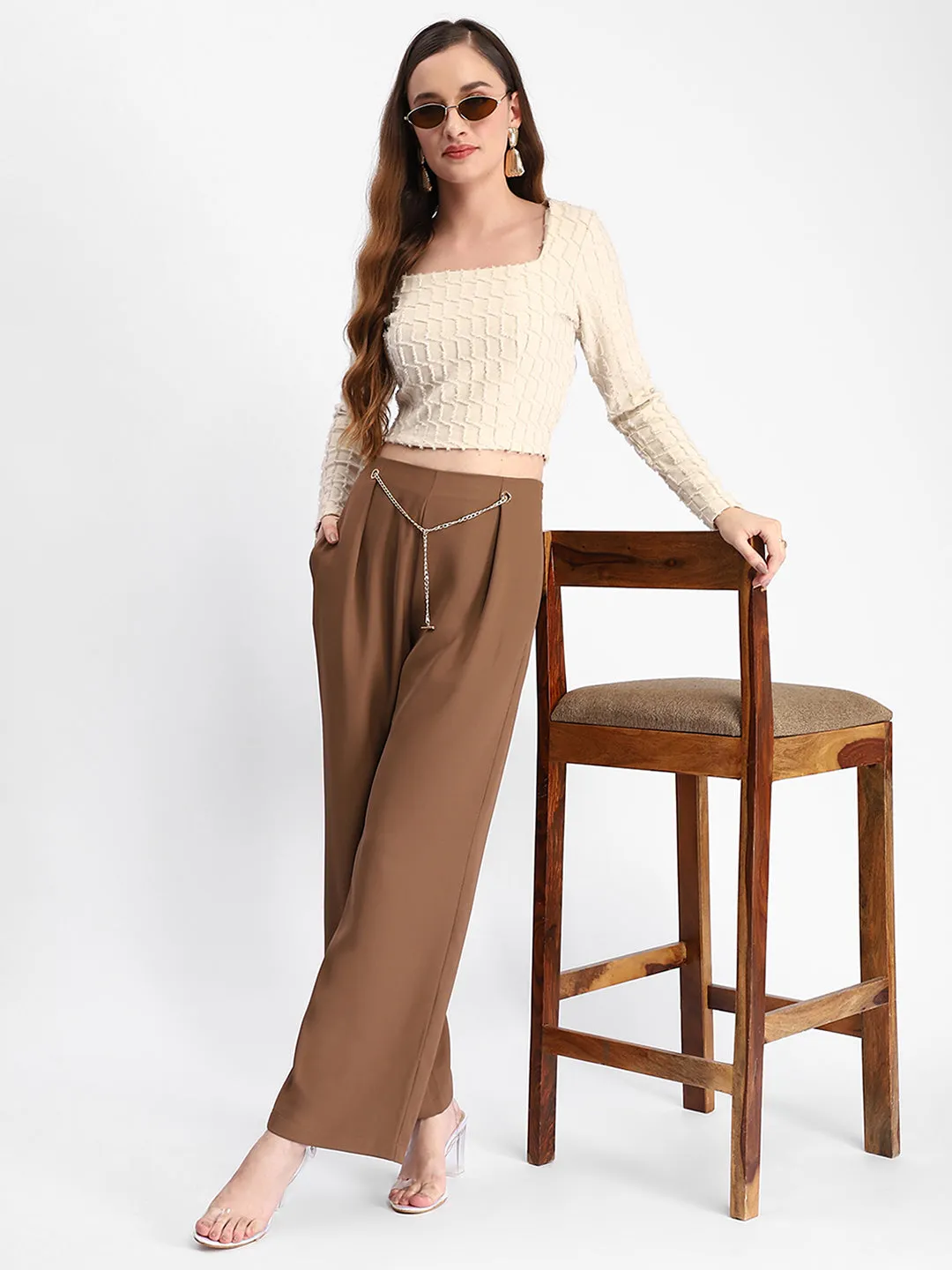 Madame Metal Accessorized Chain Warm Tan Straight Fit Trouser Smooth Fabric Modern Design