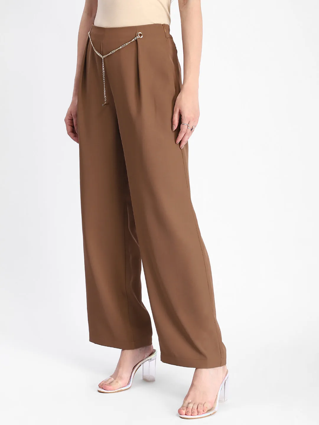 Durable Hemming AdjustableDrawstring Madame Metal Accessorized Chain Warm Tan Straight Fit Trouser