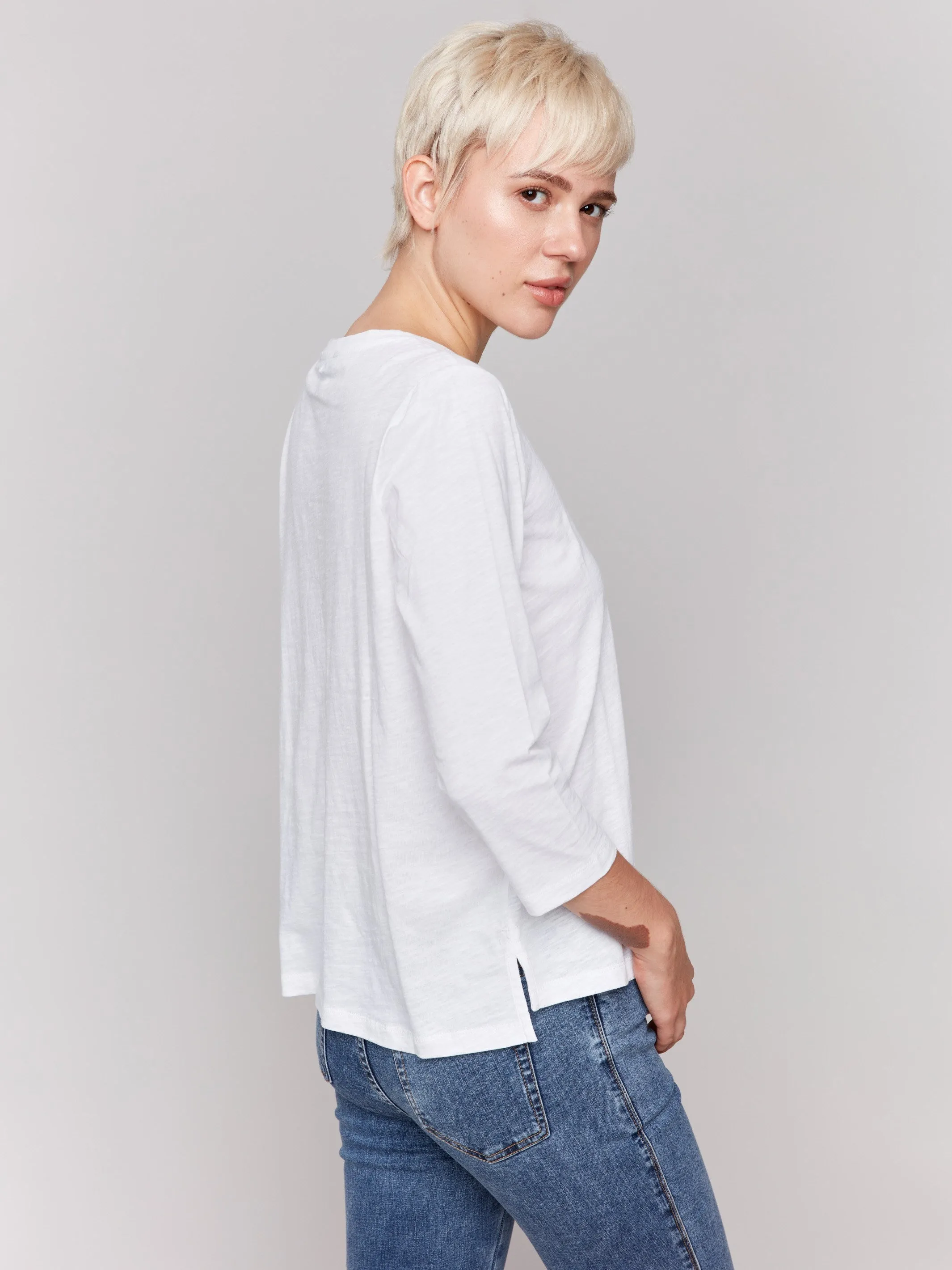 Organic Cotton Slub 3/4 Sleeve Top - White Daily Fit