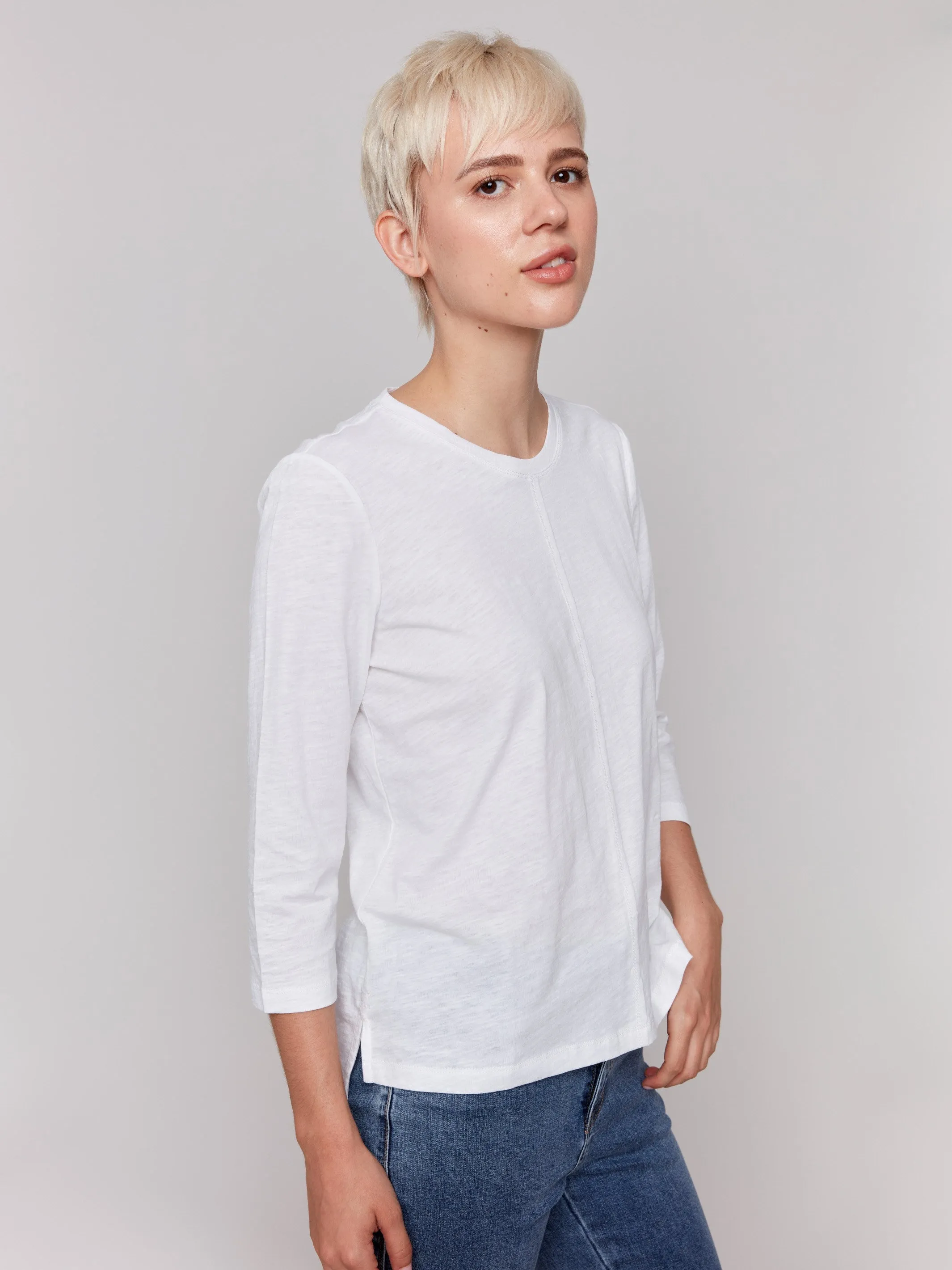 Professional Wear Organic Cotton Slub 3/4 Sleeve Top - White