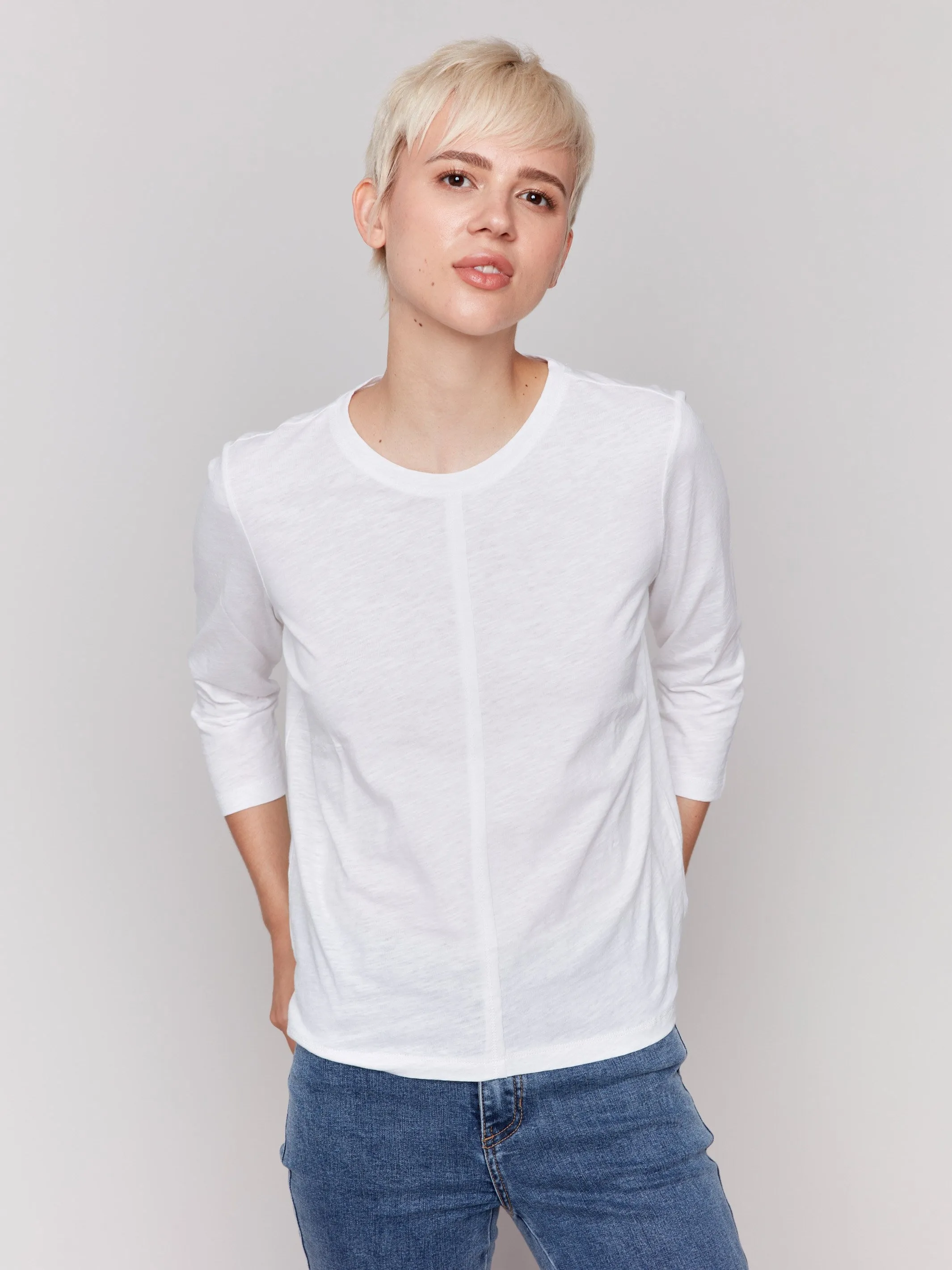 Organic Cotton Slub 3/4 Sleeve Top - White Casual Comfort
