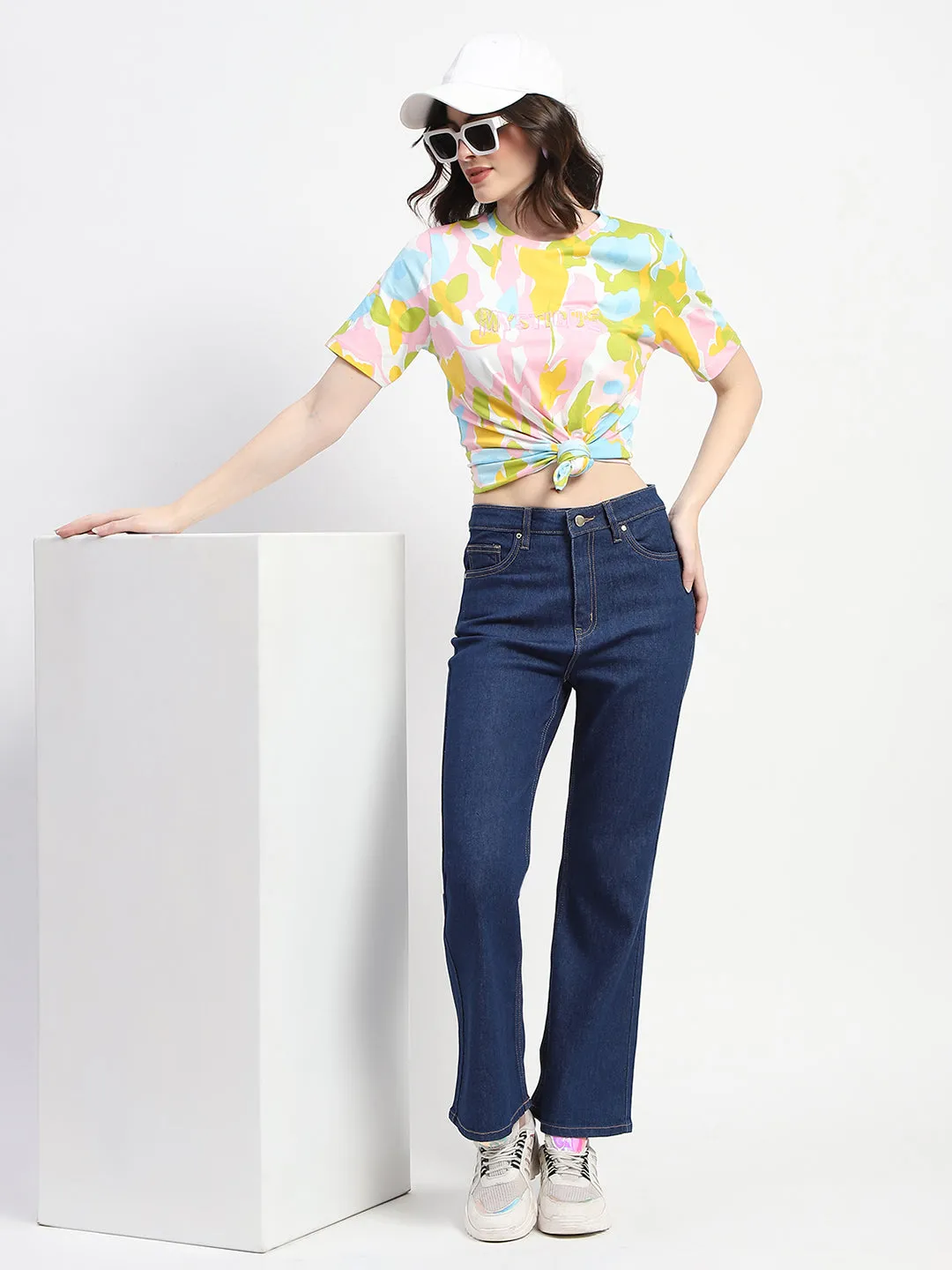 Embroidered Details Outdoor Fashion Madame Abstract And Typography Print White Cotton T-Shirt