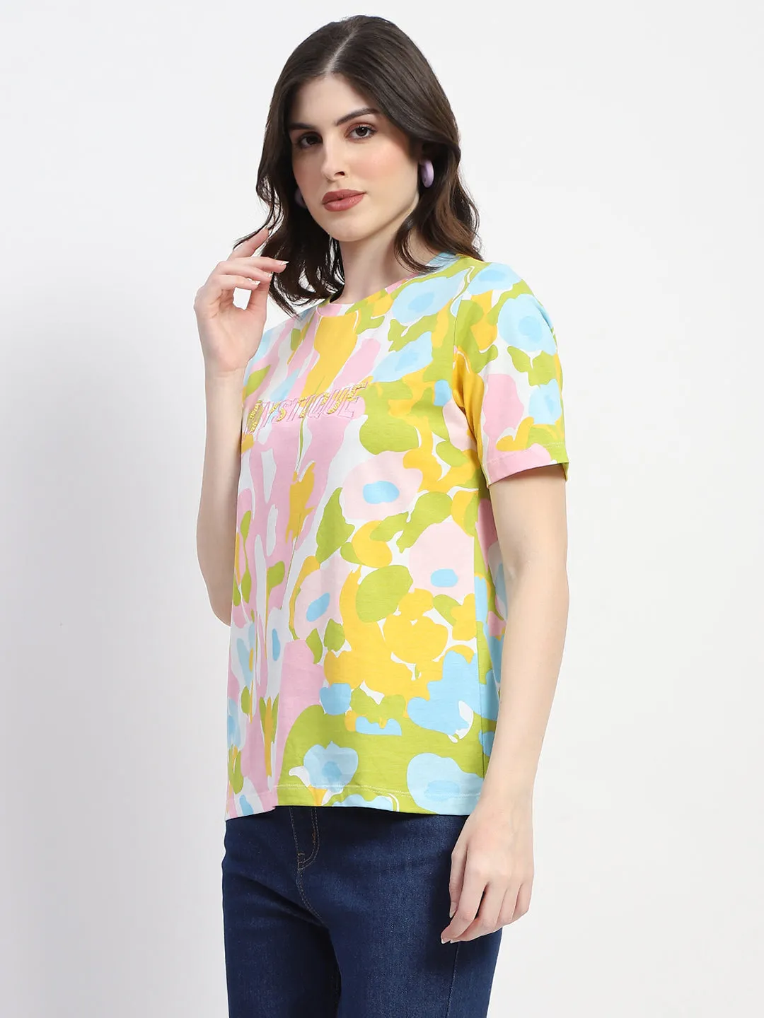 Madame Abstract And Typography Print White Cotton T-Shirt Light and Breezy
