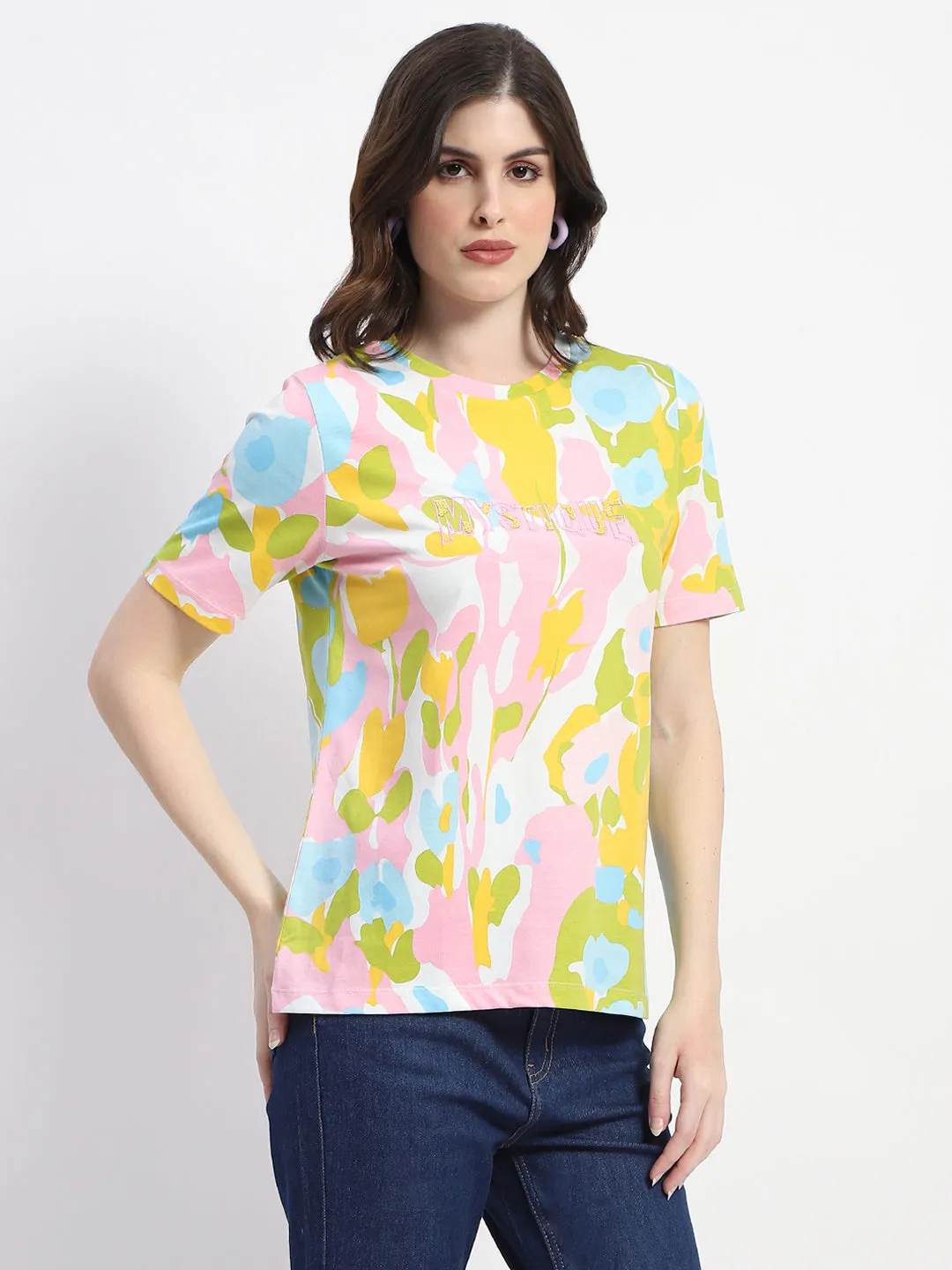 Perfect for Travel Layered Shoulder Design Madame Abstract And Typography Print White Cotton T-Shirt