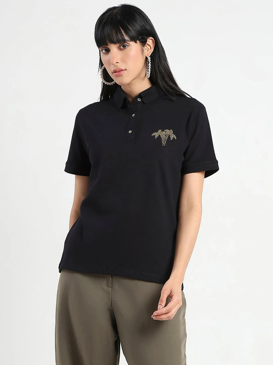 Lightweight Layer Everyday Top Madame Embellished Cotton Blend Black Polo T-shirt