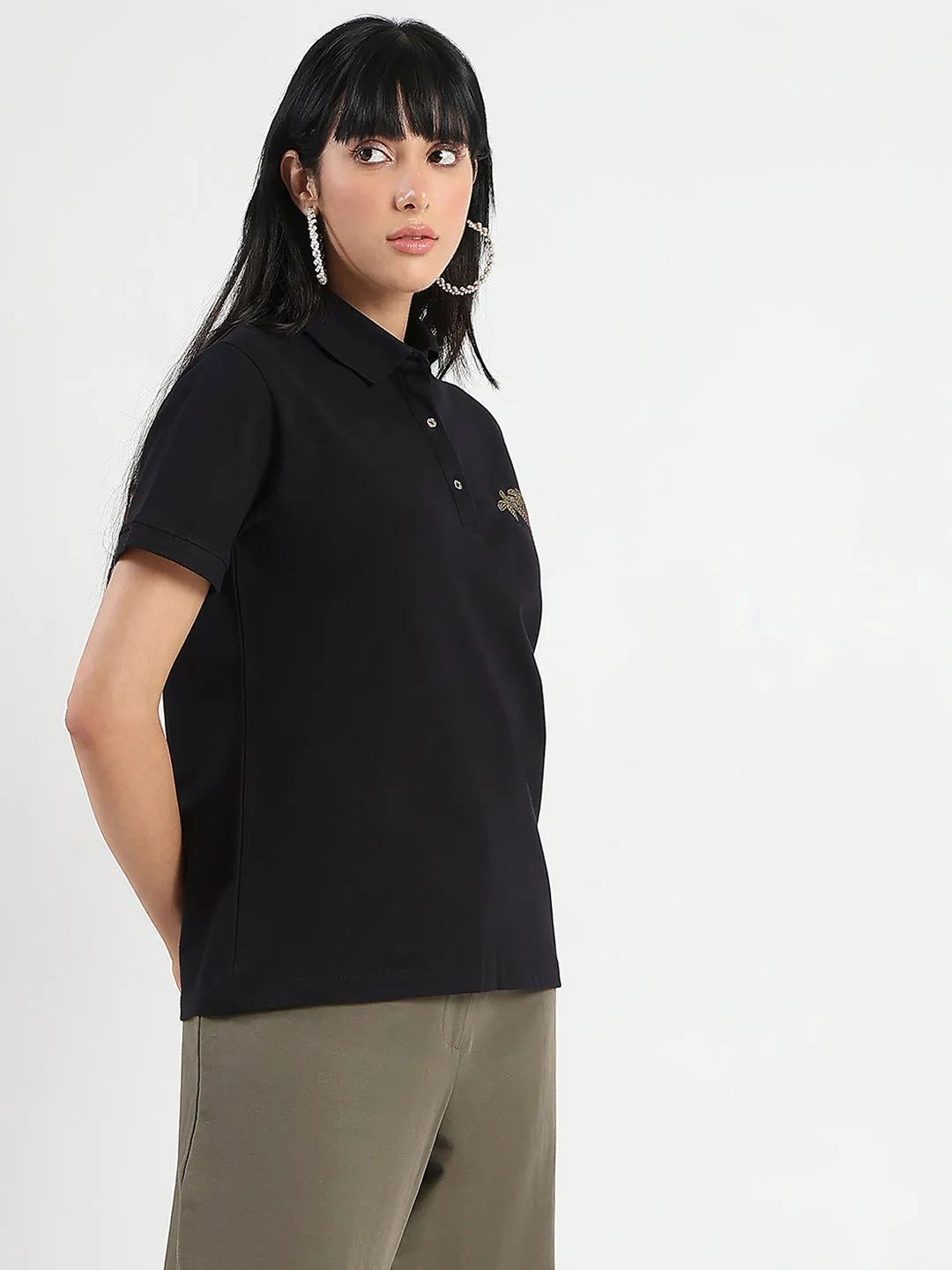 Madame Embellished Cotton Blend Black Polo T-shirt Organic Cotton Construction