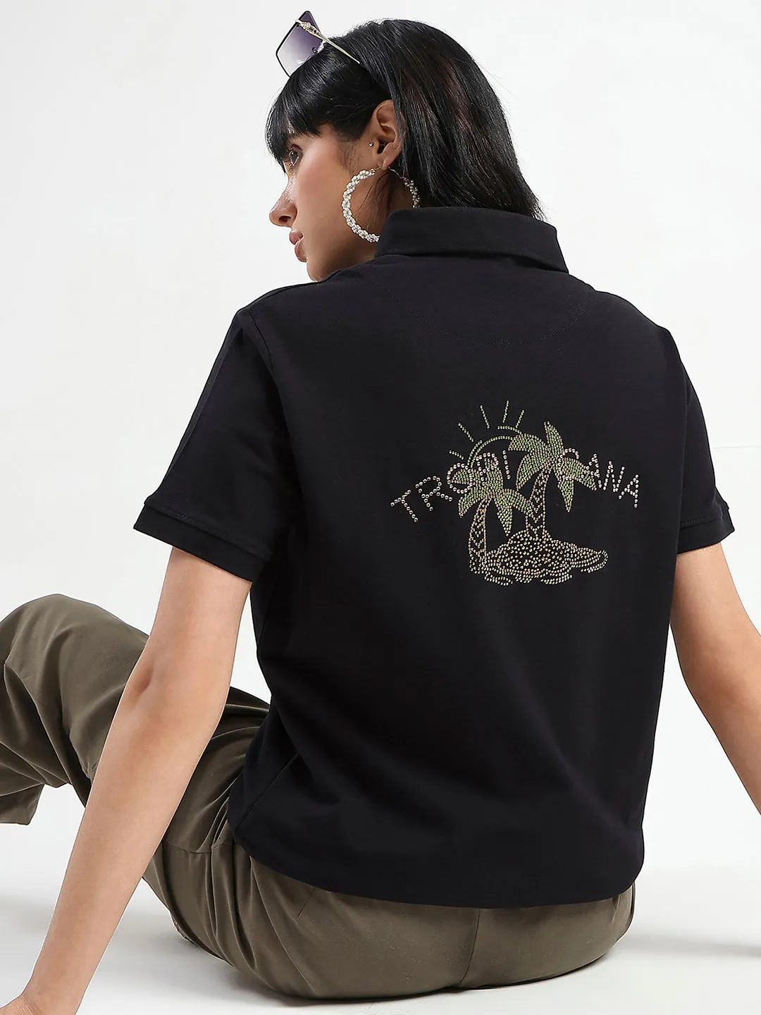 Madame Embellished Cotton Blend Black Polo T-shirt Silk combination