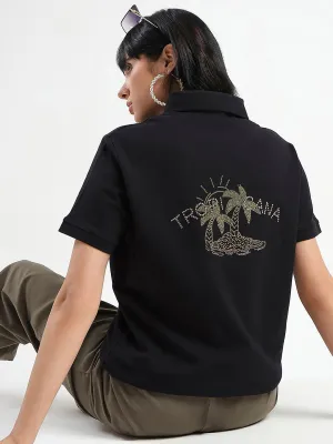 Madame Embellished Cotton Blend Black Polo T-shirt Silk combination