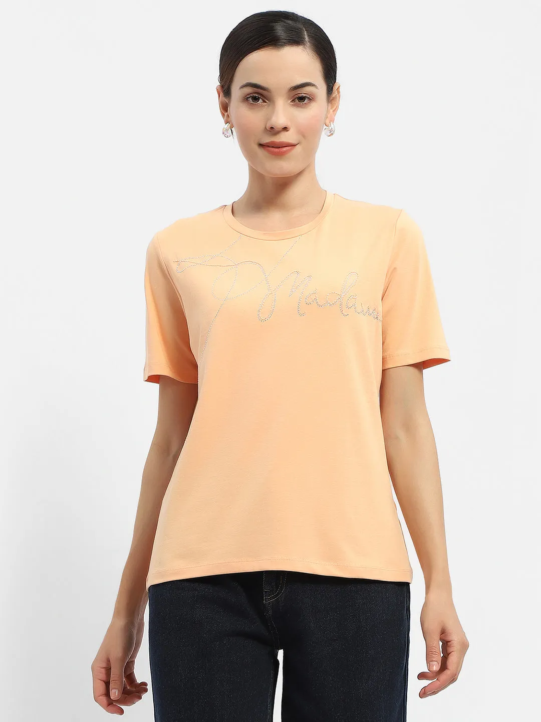 Wrinkle Resistant Material Slim fit sleekness Madame Embellished Typography Peach Regular T-Shirt