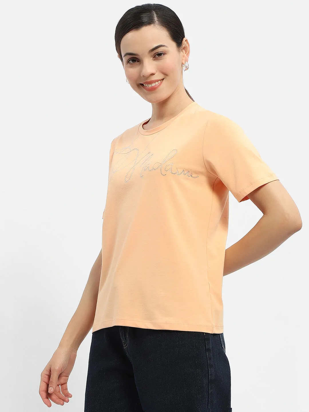 Anti Pilling Surface Madame Embellished Typography Peach Regular T-Shirt