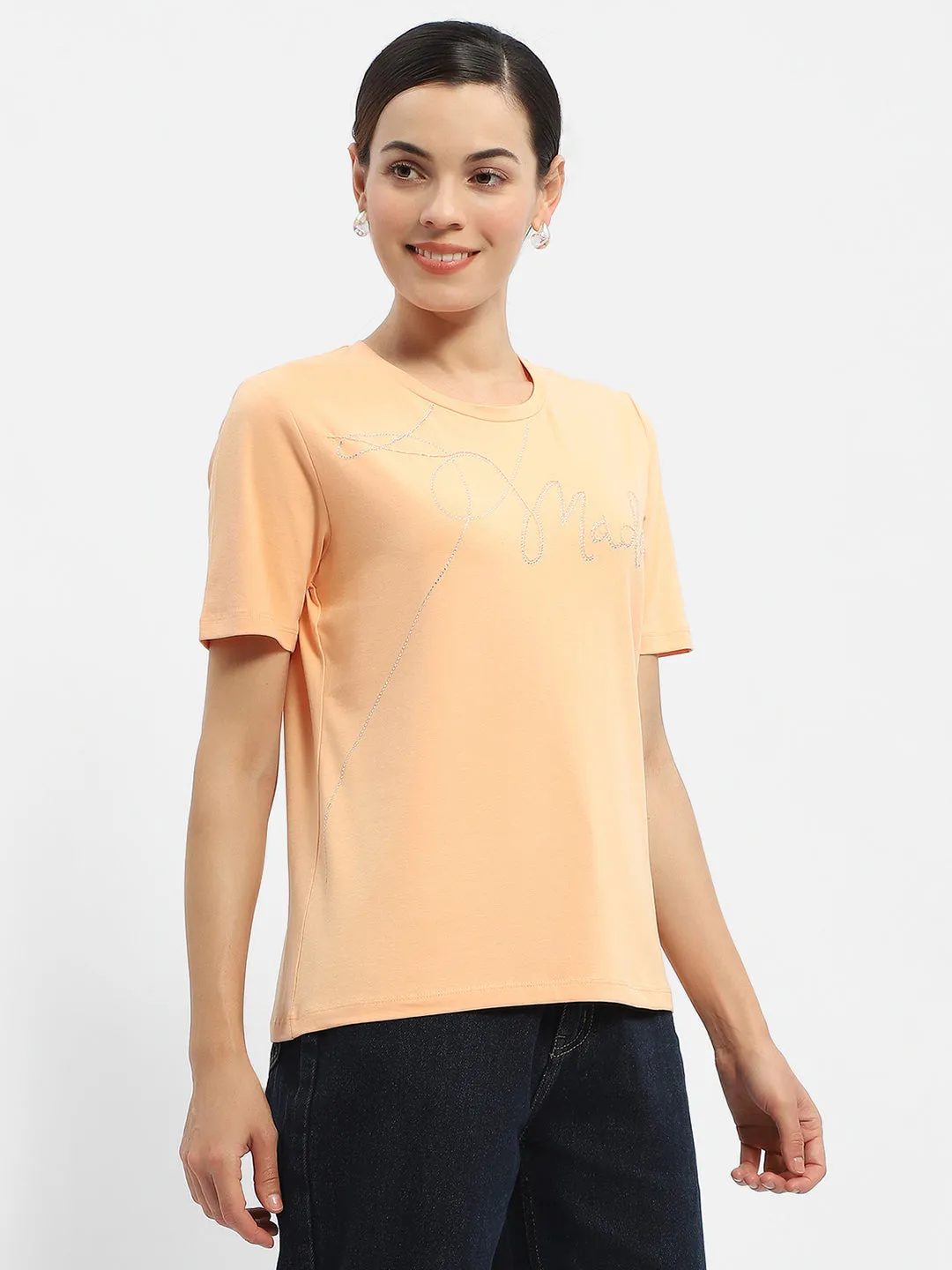 Madame Embellished Typography Peach Regular T-Shirt Ribbed collar