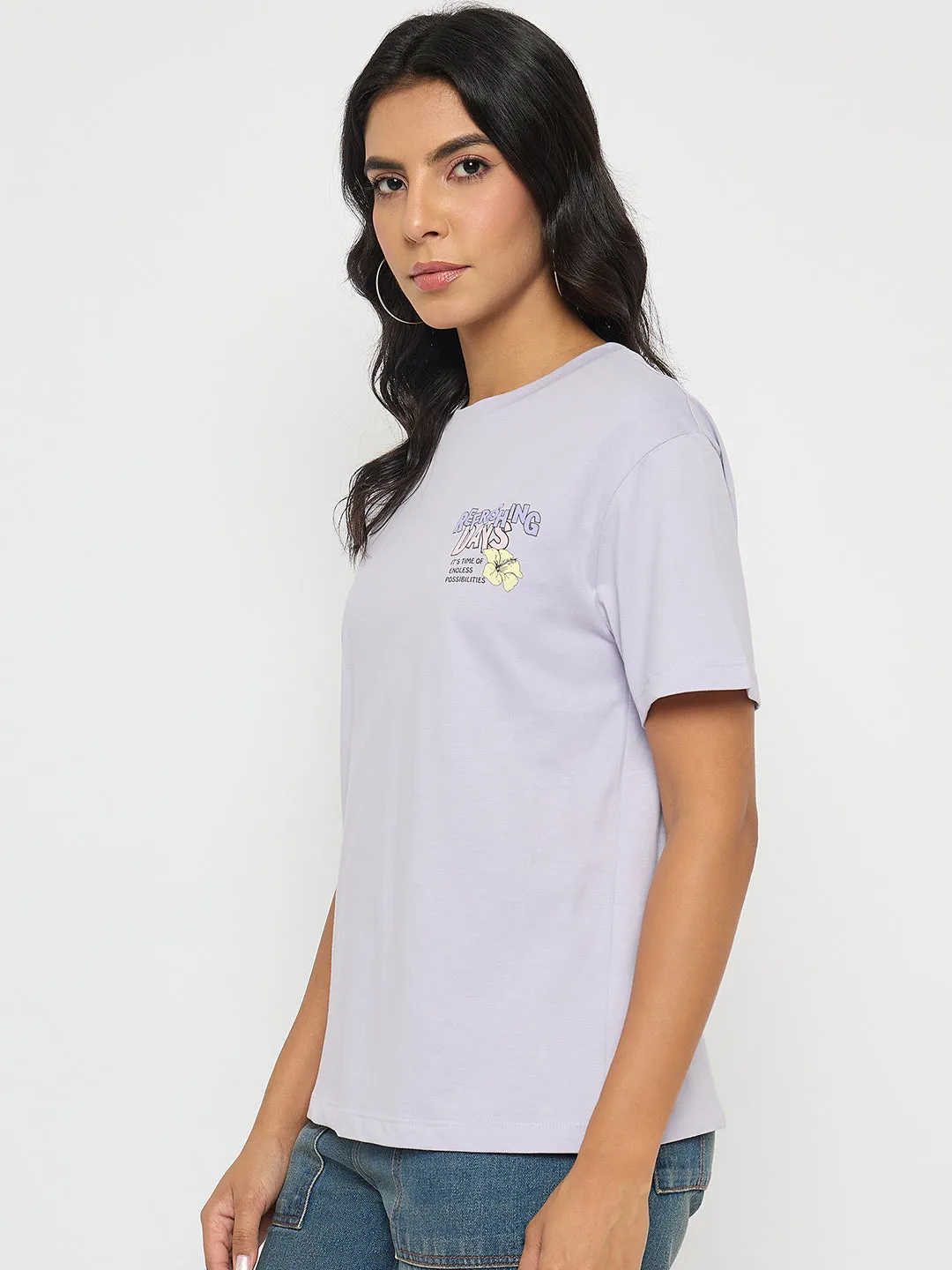 Madame Graphic Print Adorned Lilac Cotton T-shirt Loose Fit