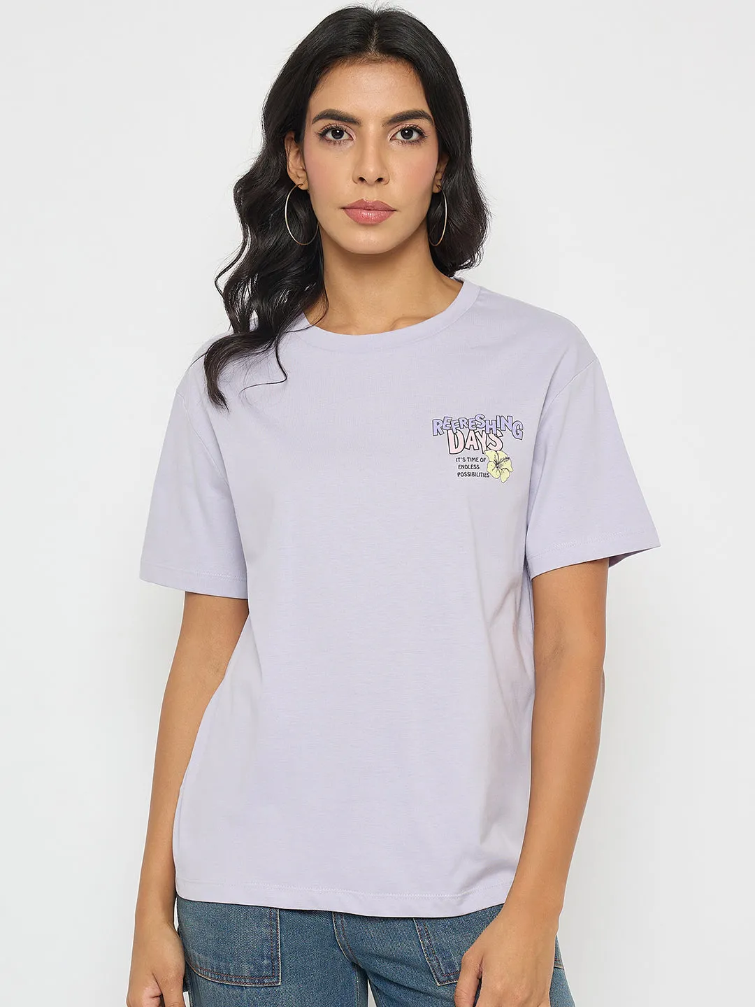 Madame Graphic Print Adorned Lilac Cotton T-shirt Comfort Wearable Versatile Wearable