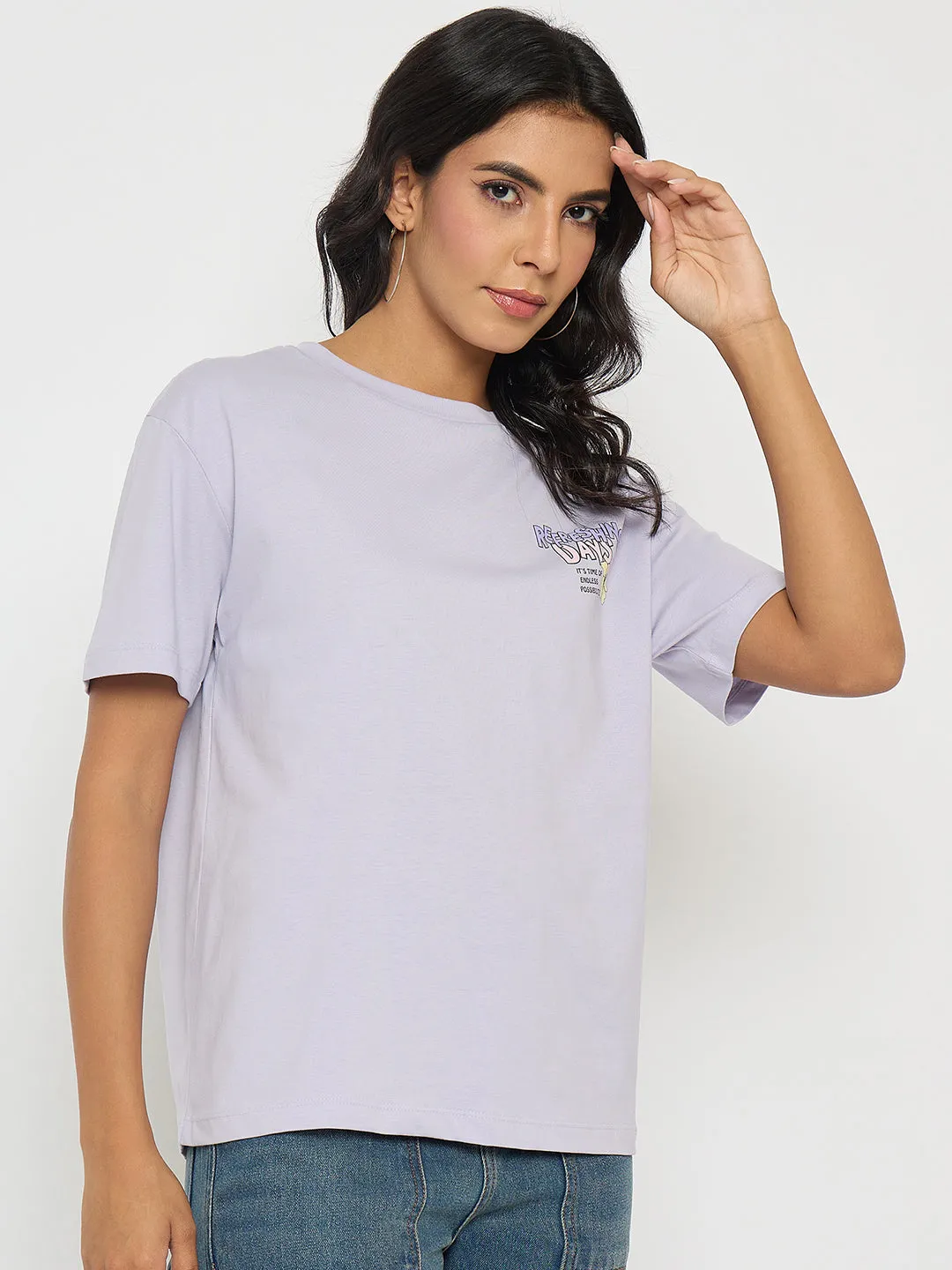 Madame Graphic Print Adorned Lilac Cotton T-shirt AntiStatic Properties