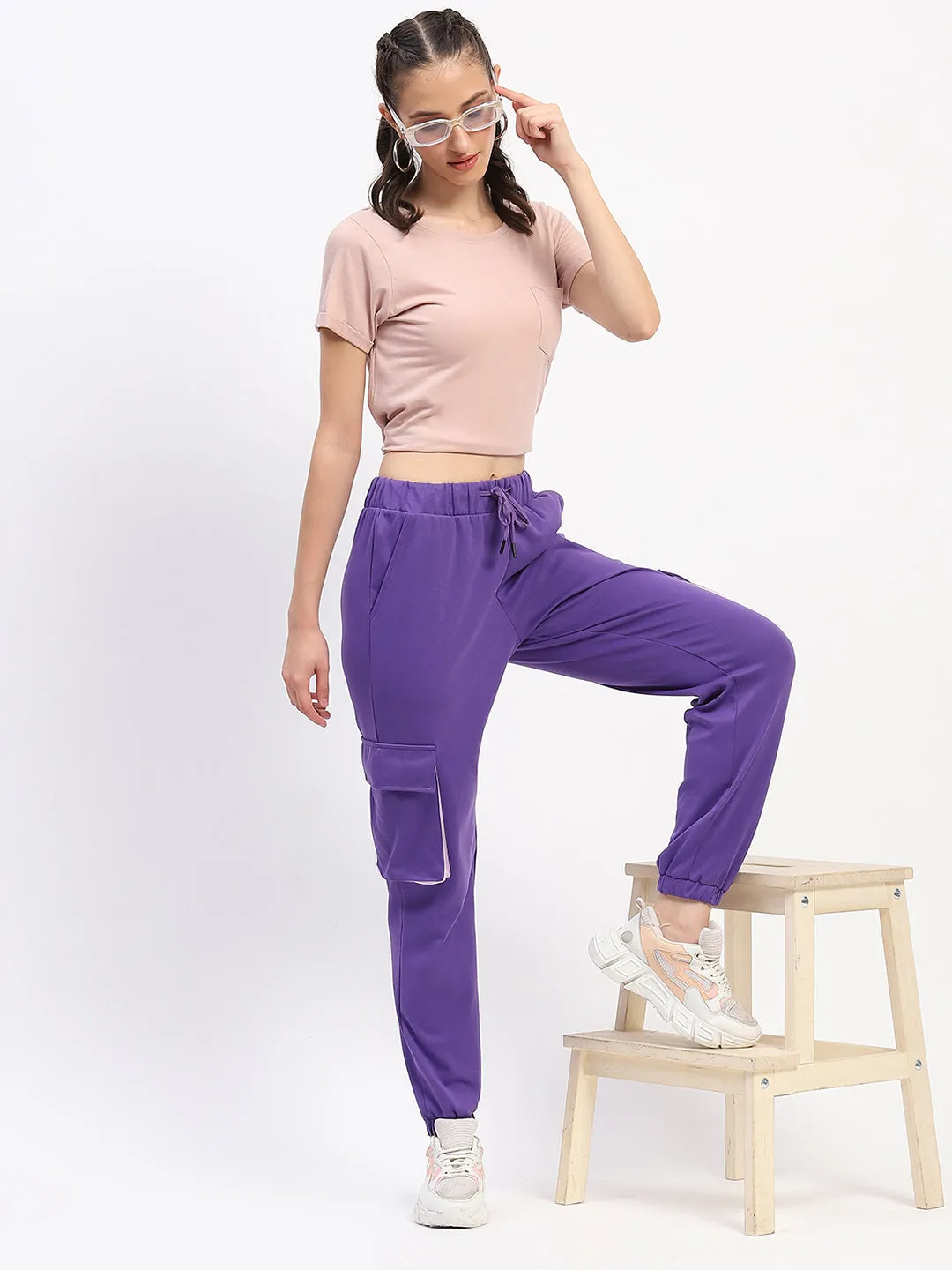 QuickReleaseClosures Madame Purple Cotton Joggers with Elastic Waist and Flap Pockets