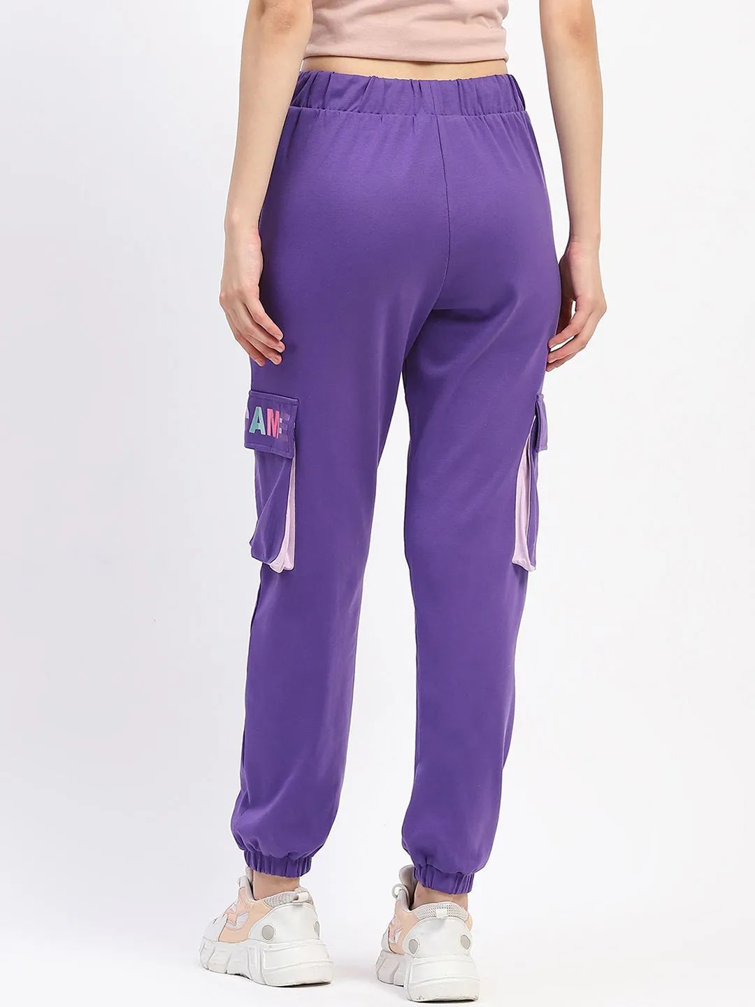 MachineWashable Madame Purple Cotton Joggers with Elastic Waist and Flap Pockets