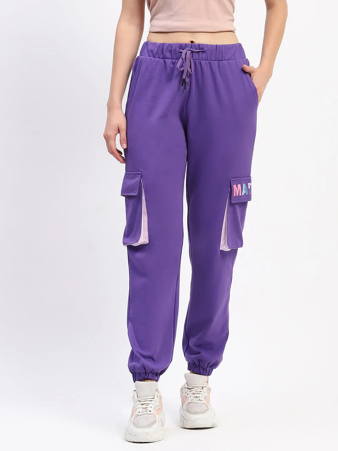 ReinforcedHemline DoubleLayeredHem Madame Purple Cotton Joggers with Elastic Waist and Flap Pockets