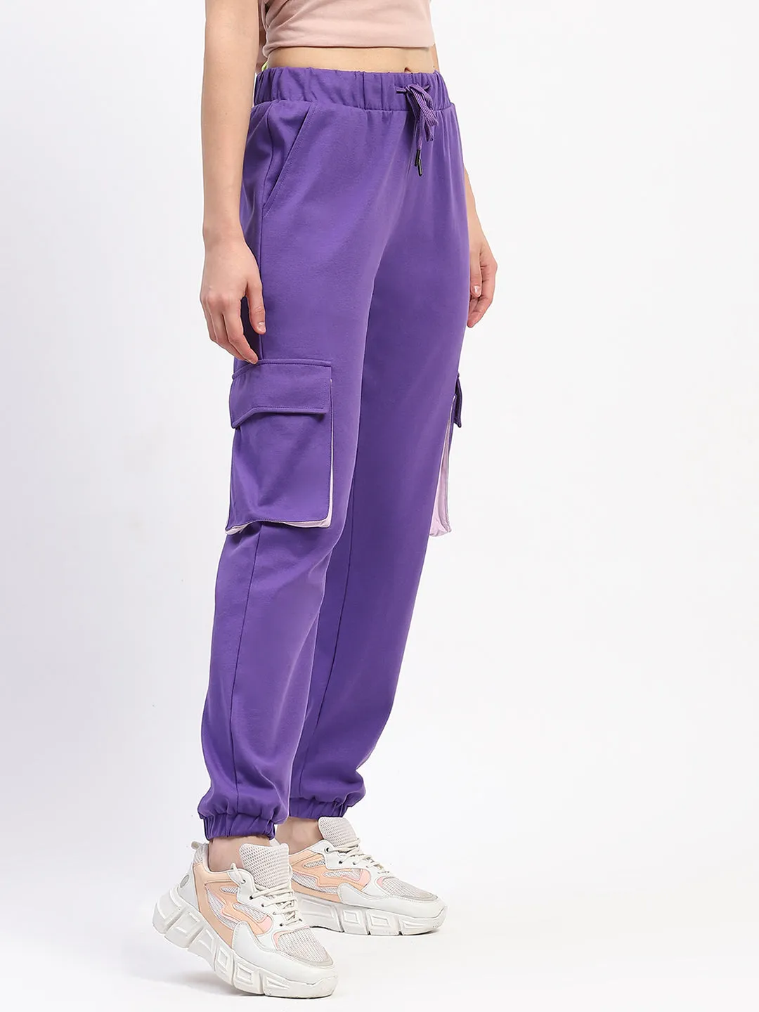 Versatile Design Durable Twill Madame Purple Cotton Joggers with Elastic Waist and Flap Pockets