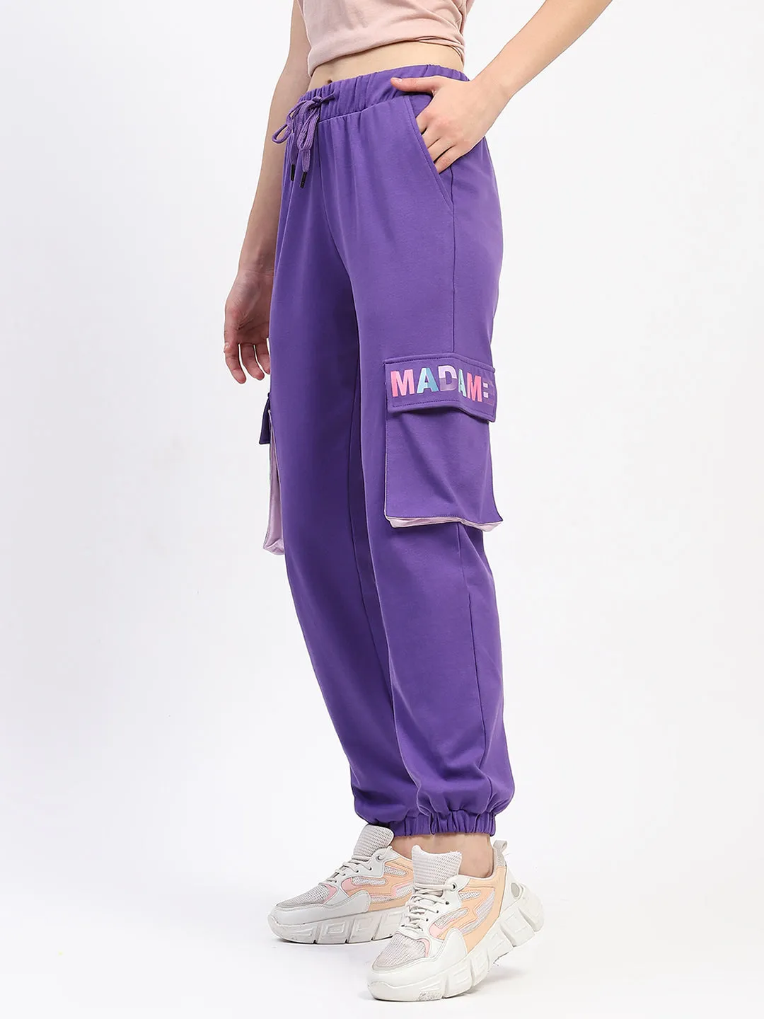 StainResistantFinish Madame Purple Cotton Joggers with Elastic Waist and Flap Pockets