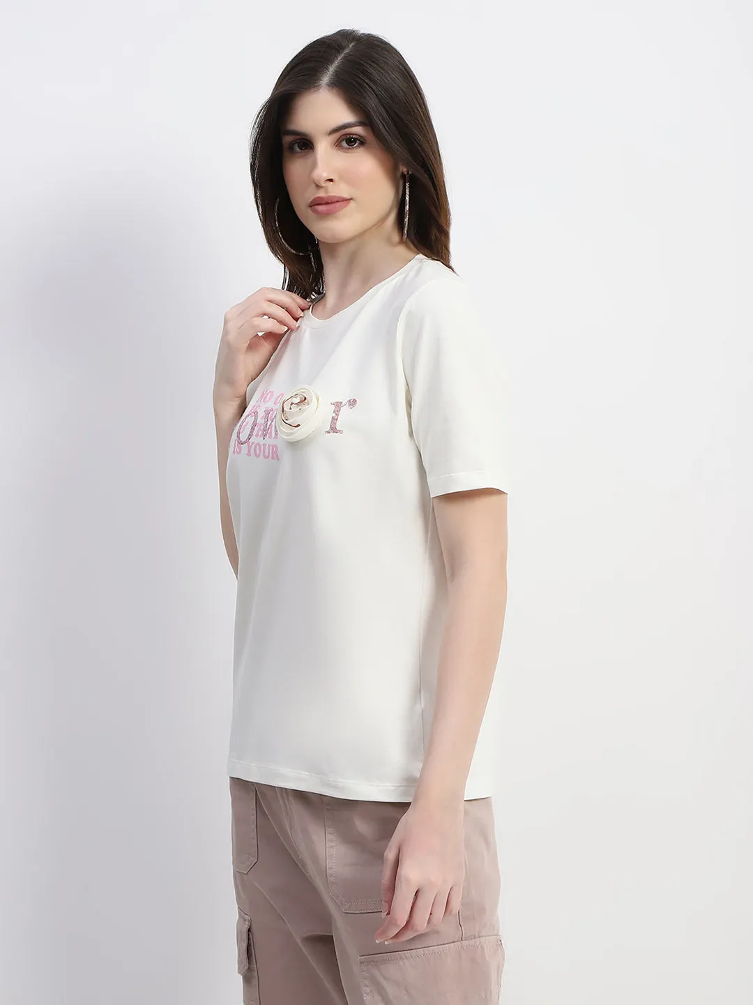 Multi Purpose Wear Soft and Cozy Madame Typography Print Off White Cotton T-Shirt