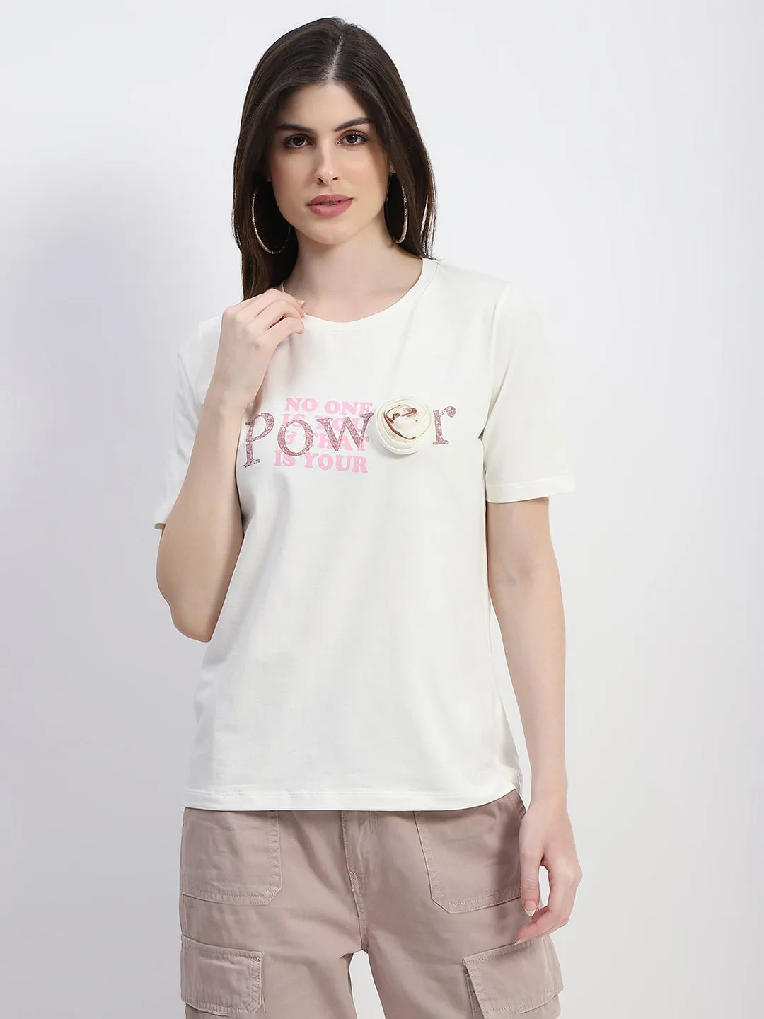 Casual Layering Wear Madame Typography Print Off White Cotton T-Shirt