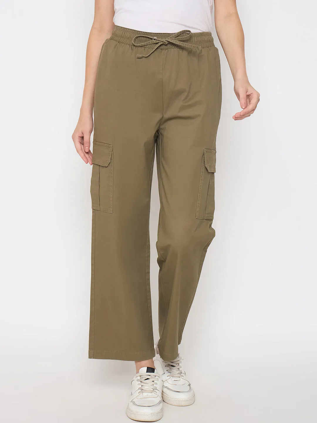 Sporty Style Casual Design Madame Cotton Straight Green Cargo Pants