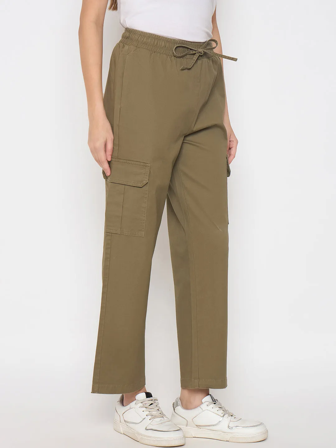 Flat Lock Stitching Madame Cotton Straight Green Cargo Pants