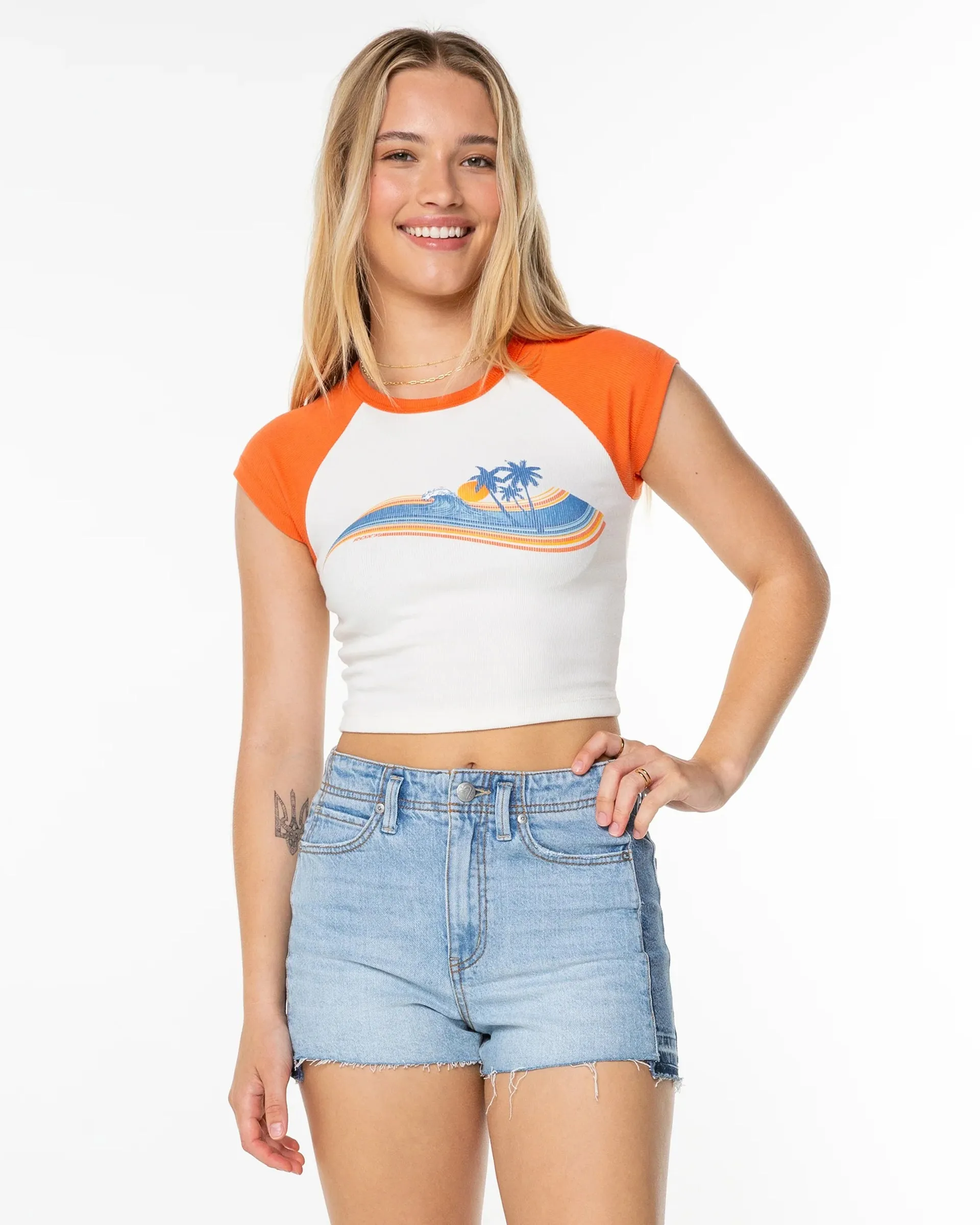Wave Stripe Cropped Baby Tee - Tigerlily Wave Stripe Flattering Cut Oeko Tex Certified