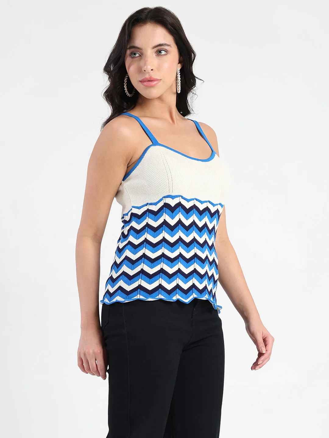 Simple Style Madame Sleeveless Chevron Pattern Ribbed Trim Knit Top