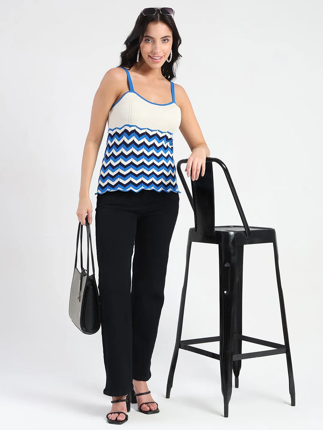 Royal Ease Madame Sleeveless Chevron Pattern Ribbed Trim Knit Top