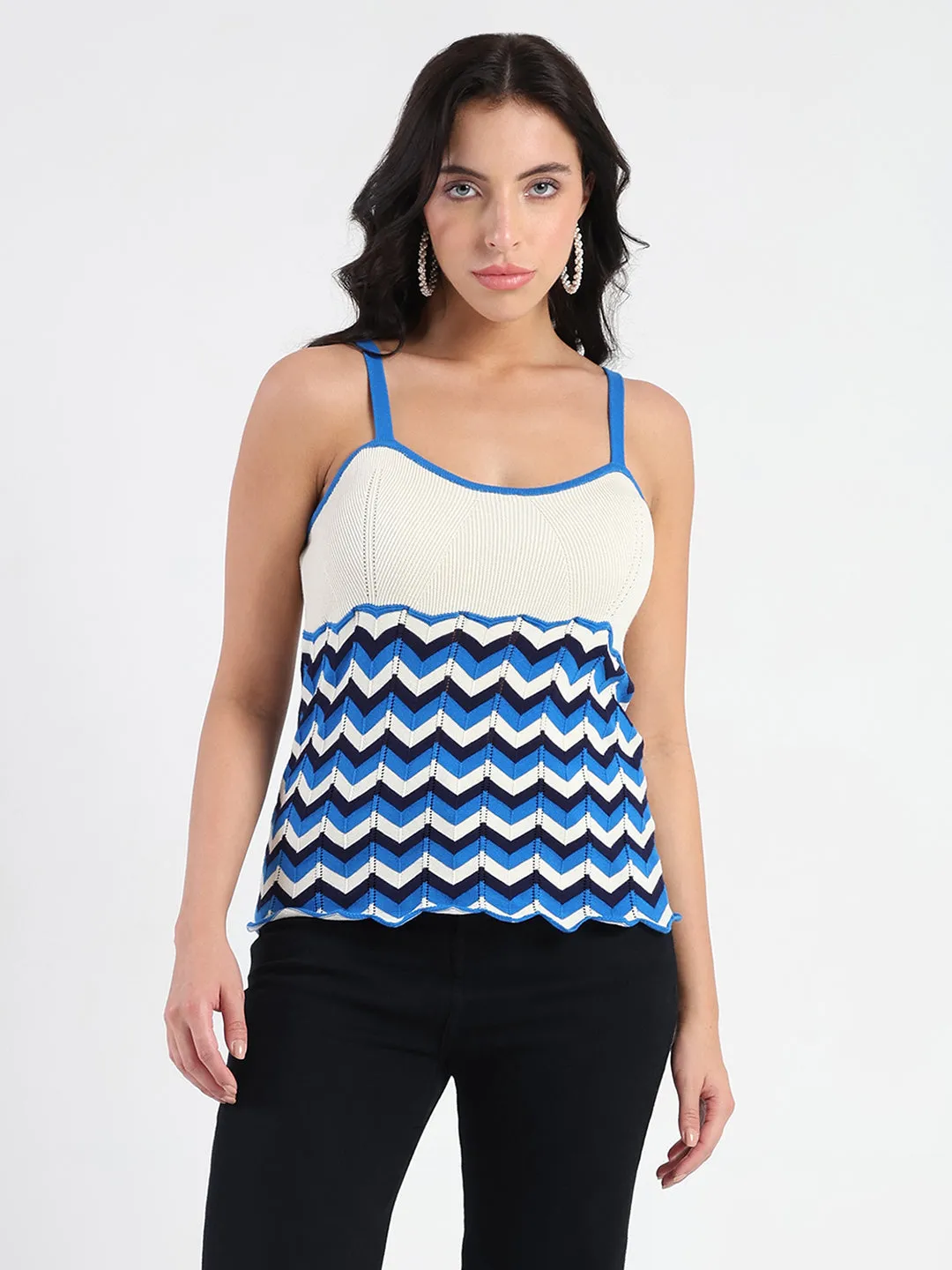 ElasticWaistband Madame Sleeveless Chevron Pattern Ribbed Trim Knit Top