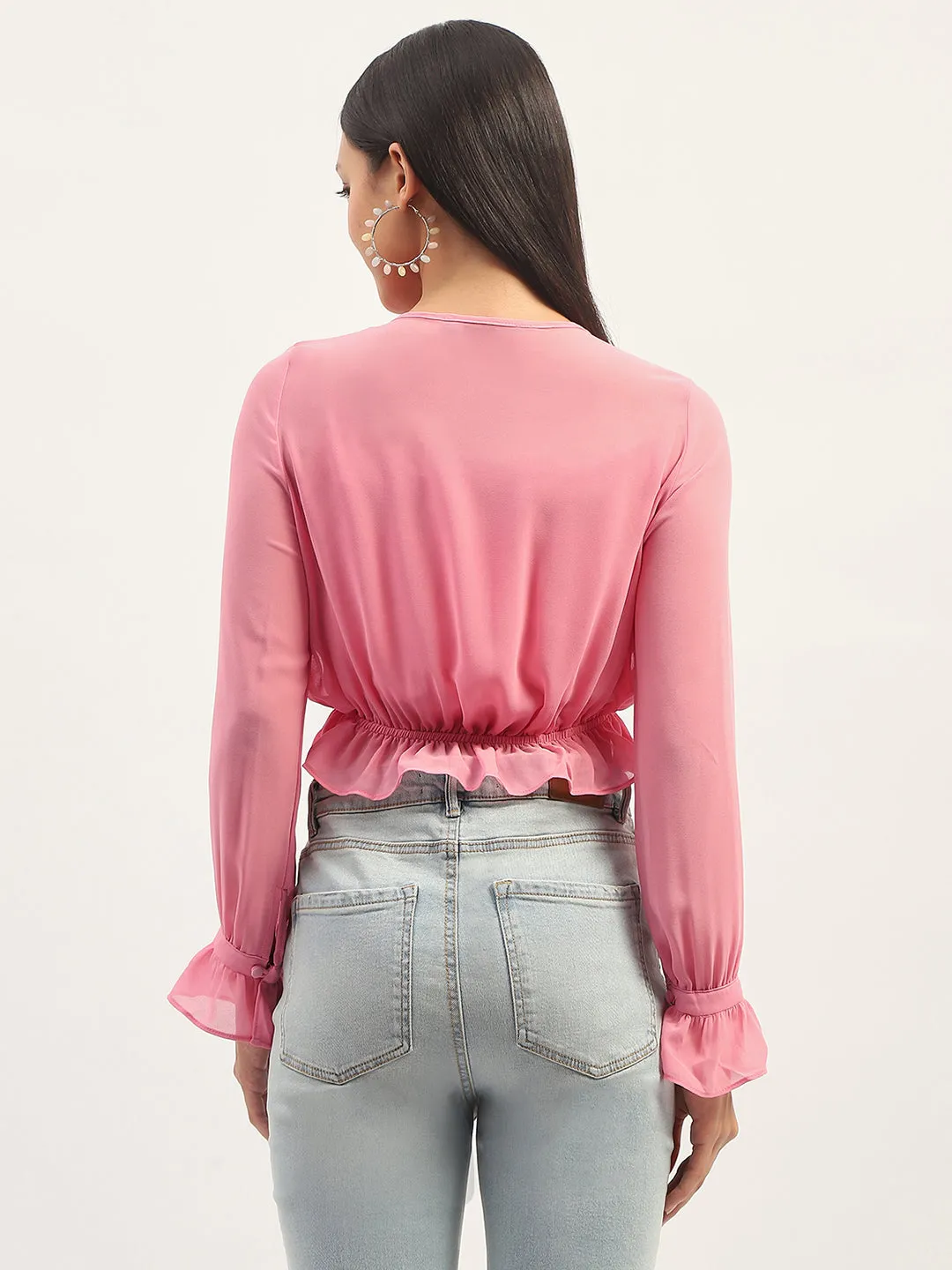 Madame Pink Ruffle Detailing Peplum Top Adjustable Waistband Versatile Fashion