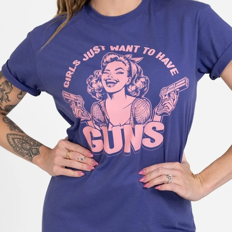Layered Collar Trendy Fashion Women's Girls Just Want Guns Boyfriend Fit T-Shirt - Future Dusk