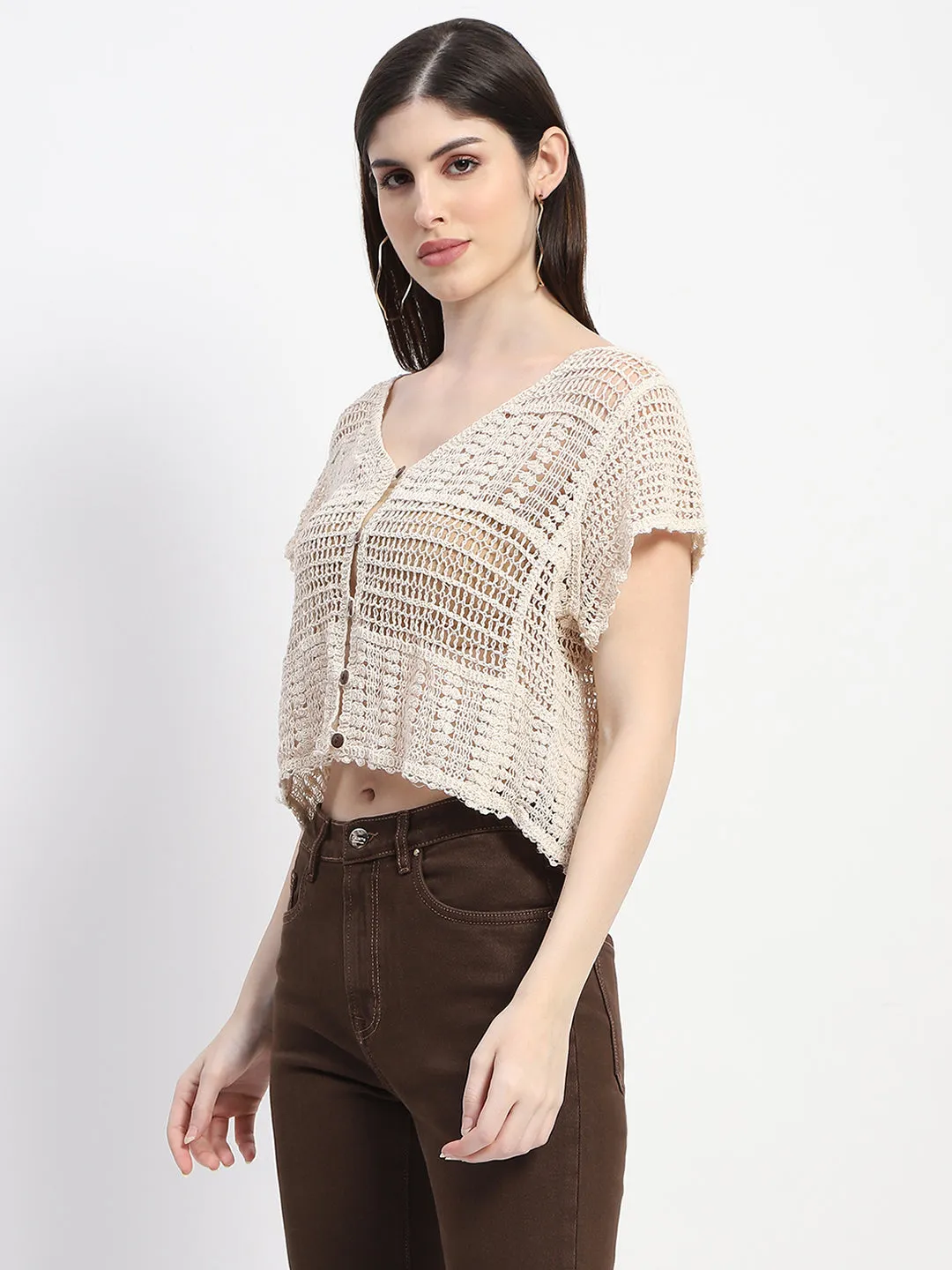 Madame Off White Cotton Crochet Top AbrasionFreeZone Fashion Core