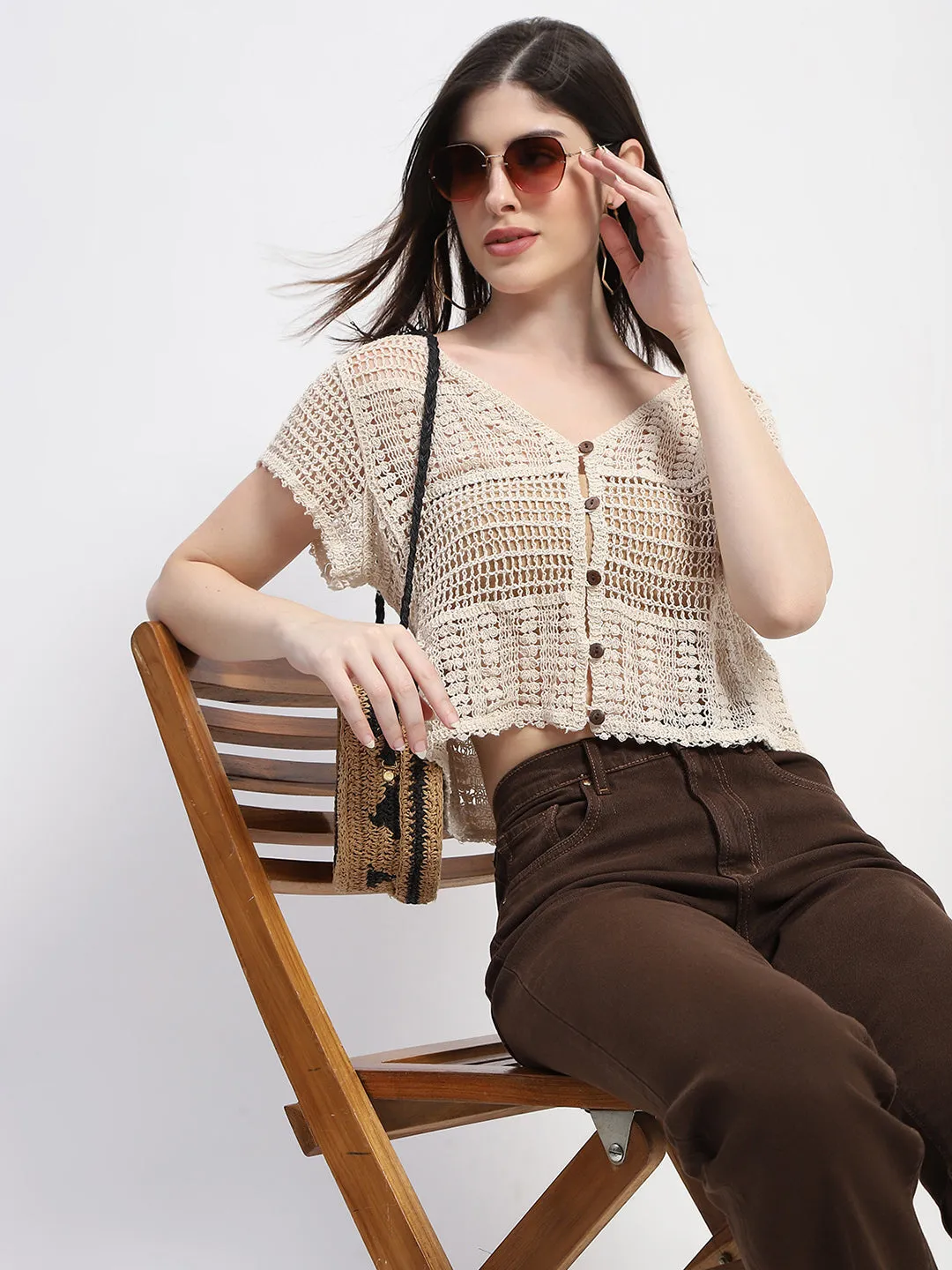 Madame Off White Cotton Crochet Top Active Style Warm Fashion