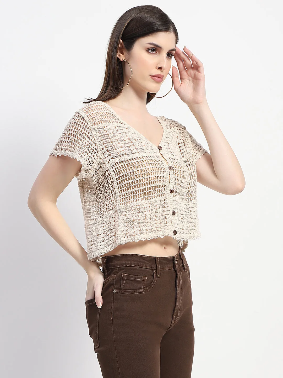 Minimal Design Creative Glow Madame Off White Cotton Crochet Top