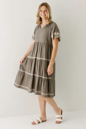Ruffled Trim 'Michal' Embroidered Tiered Midi Dress in Dusty Olive Layered Hem