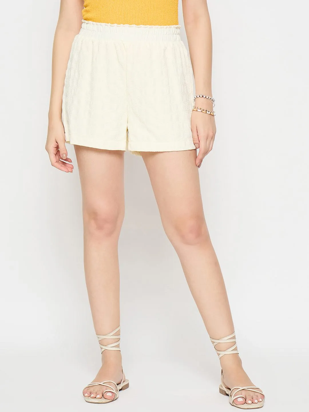 Madame Elasticated Solid Off White Shorts QuickDry Material