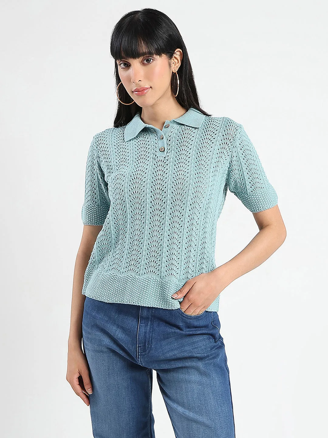 Madame Openwork Detail Textured Jade Green Cotton Knitted Top hypoallergenic material