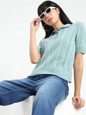 Madame Openwork Detail Textured Jade Green Cotton Knitted Top Classic Shirt Trendy Trousers