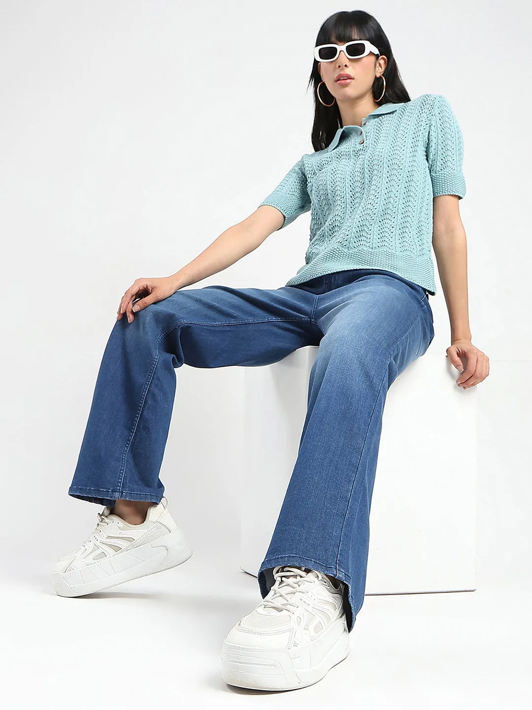 Breathable Style Versatile Dress Madame Openwork Detail Textured Jade Green Cotton Knitted Top