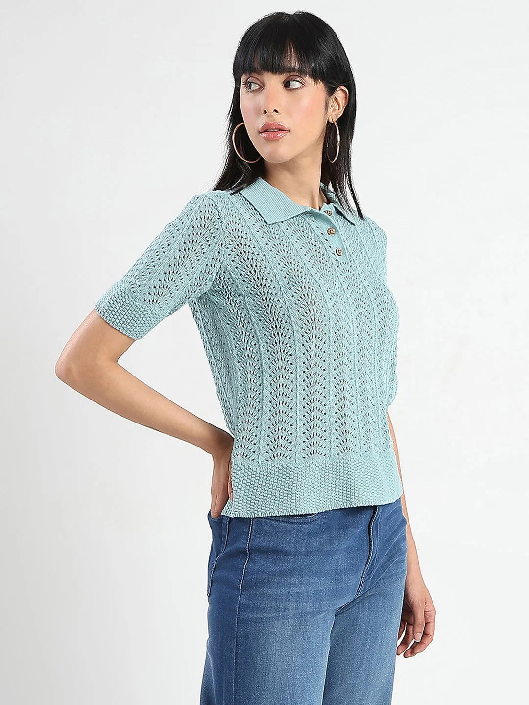 Madame Openwork Detail Textured Jade Green Cotton Knitted Top ElasticFree Cuffs