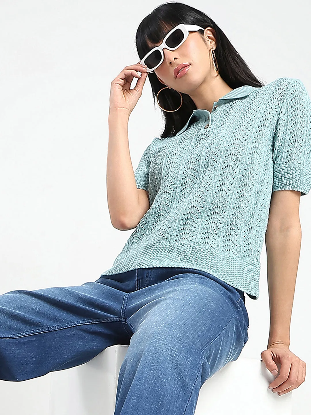 Madame Openwork Detail Textured Jade Green Cotton Knitted Top Classic Shirt Trendy Trousers