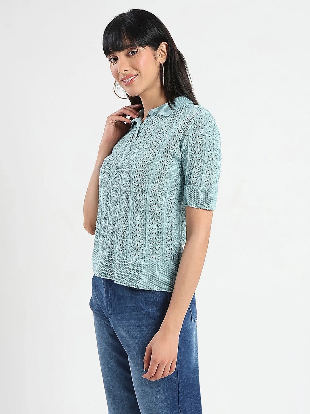 Trendy Look MinimalistDesign Madame Openwork Detail Textured Jade Green Cotton Knitted Top
