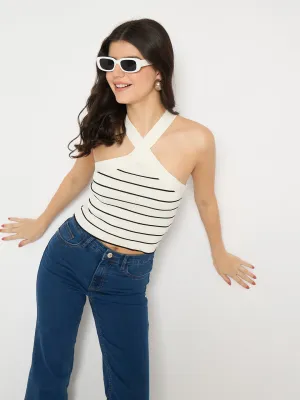 NoSlipTrims Madame Striped Halter Neck White Crop Top